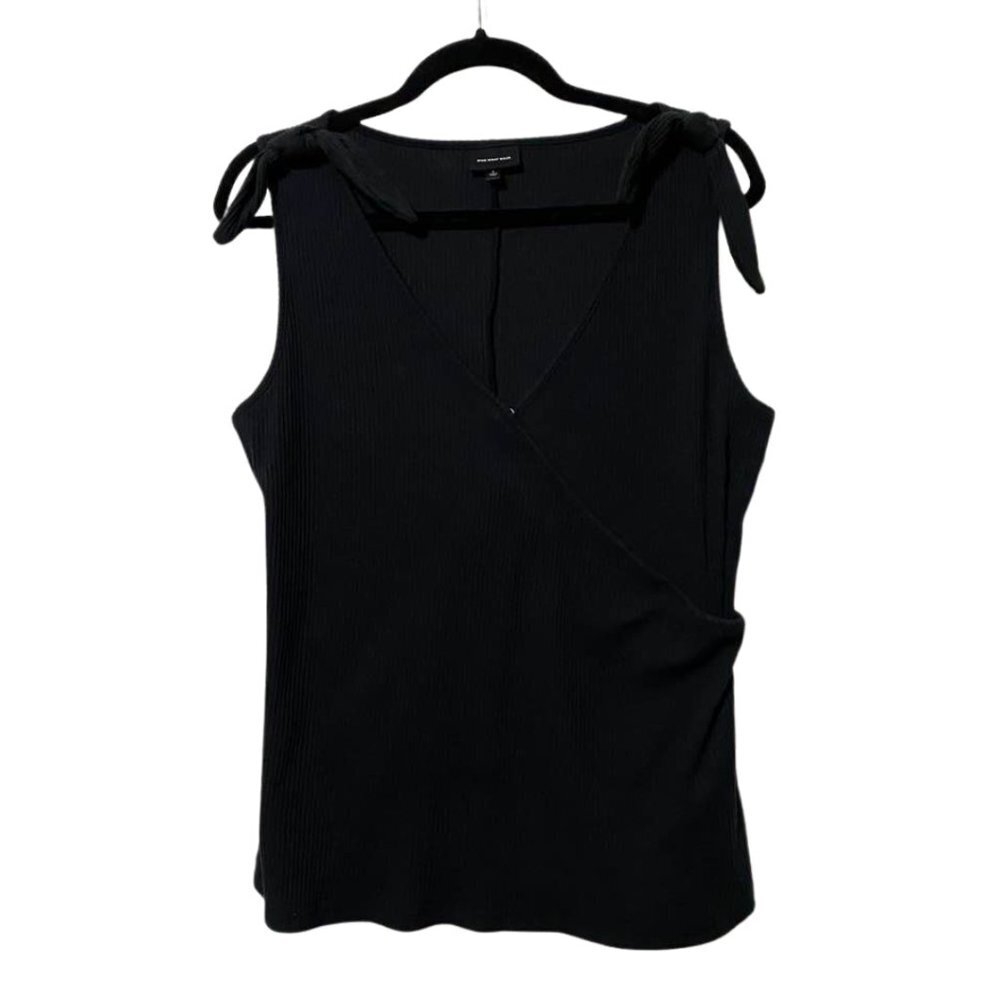 2 for $15 Who What Wear Black Ribbed Crossover V-Neck Tank With Knotted Shoulder